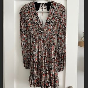 Free people floral print mini dress with billow sleeve and open back